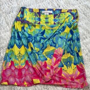 Kelly & Diane side zip tropical skirt Blue and Yellow double draped in front
